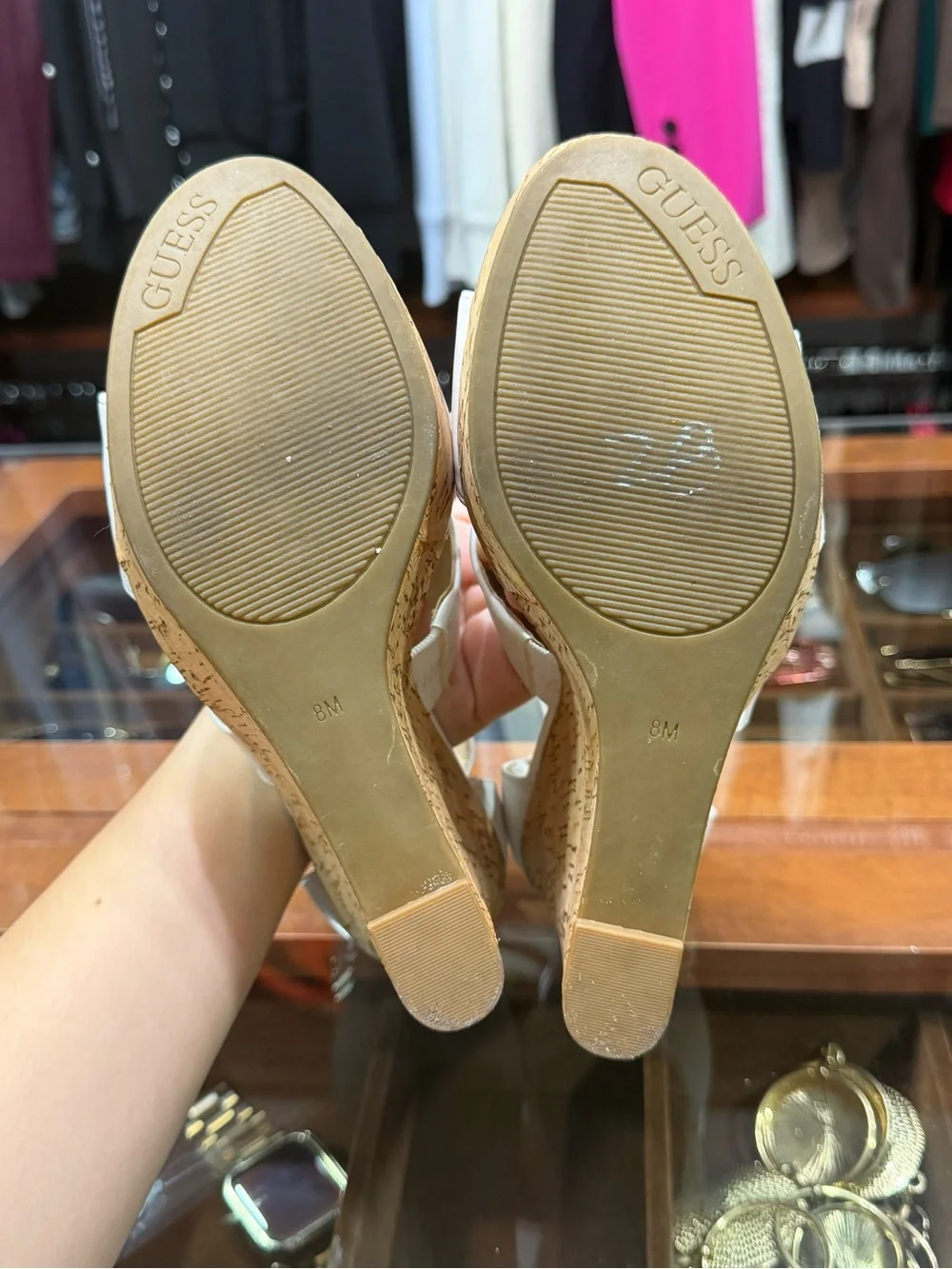 GUESS White T-Strap Platform Sandals with Gold Logo